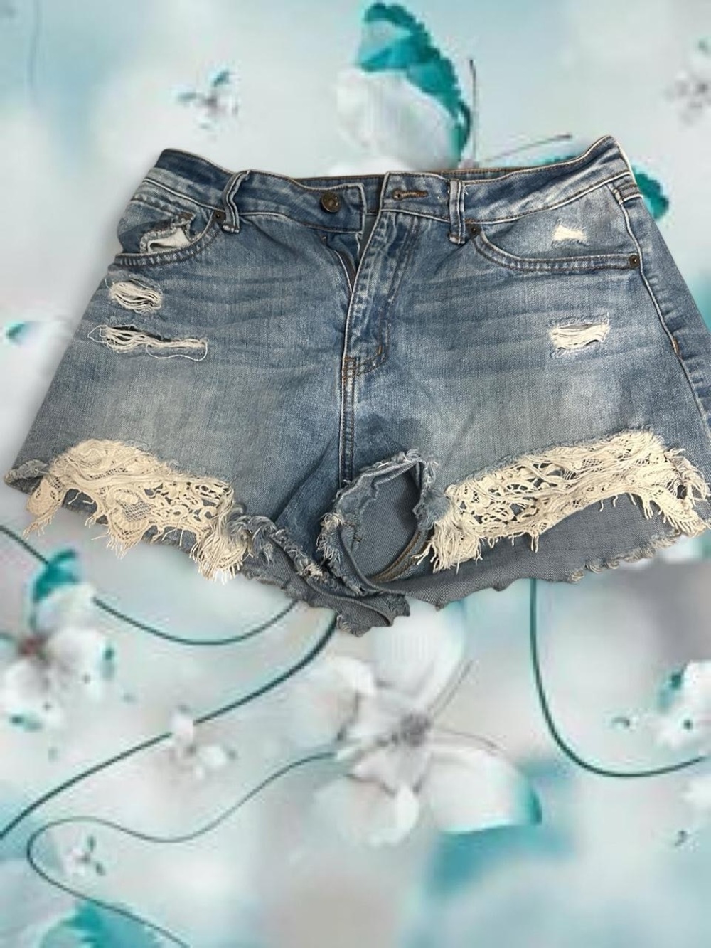 Rewash Light Blue Distressed Denim Shorts with Cream Lace Trim